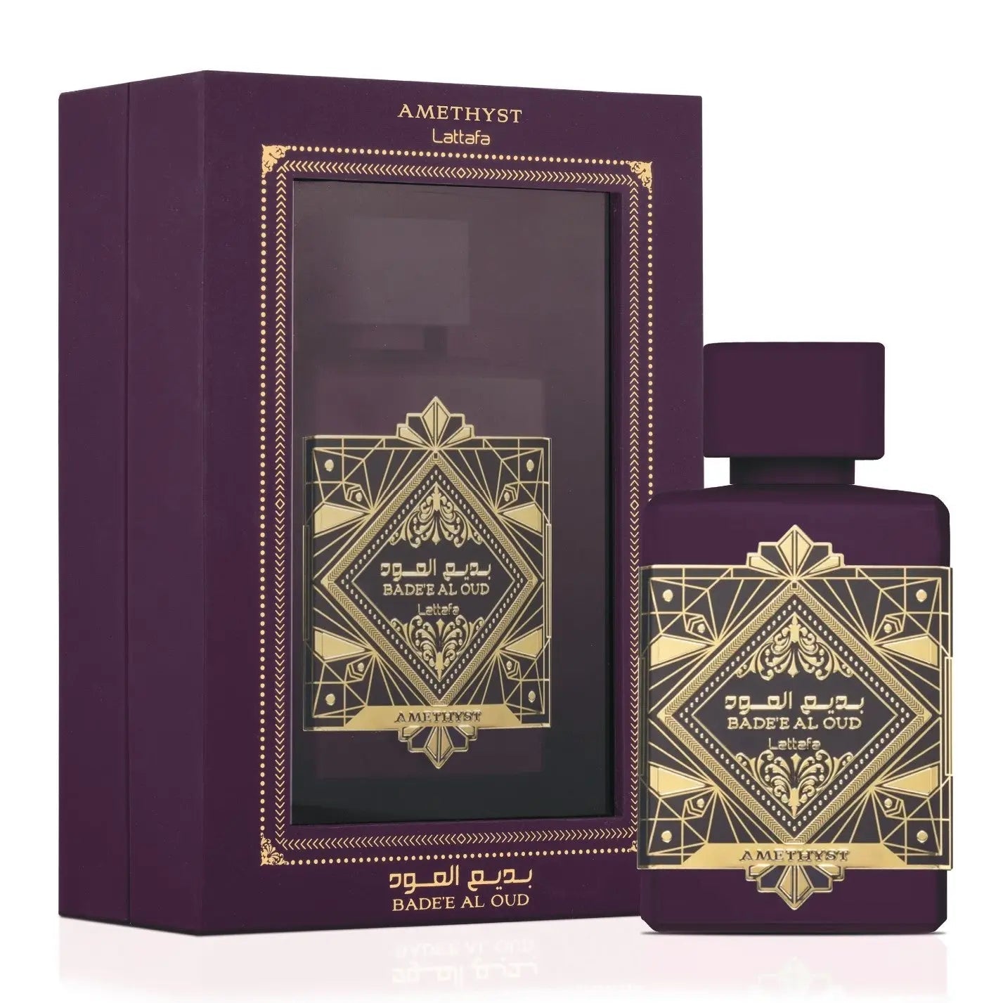 Badee Al Oud Amethyst Perfume 100ml EDP Lattafa purple glass bottle