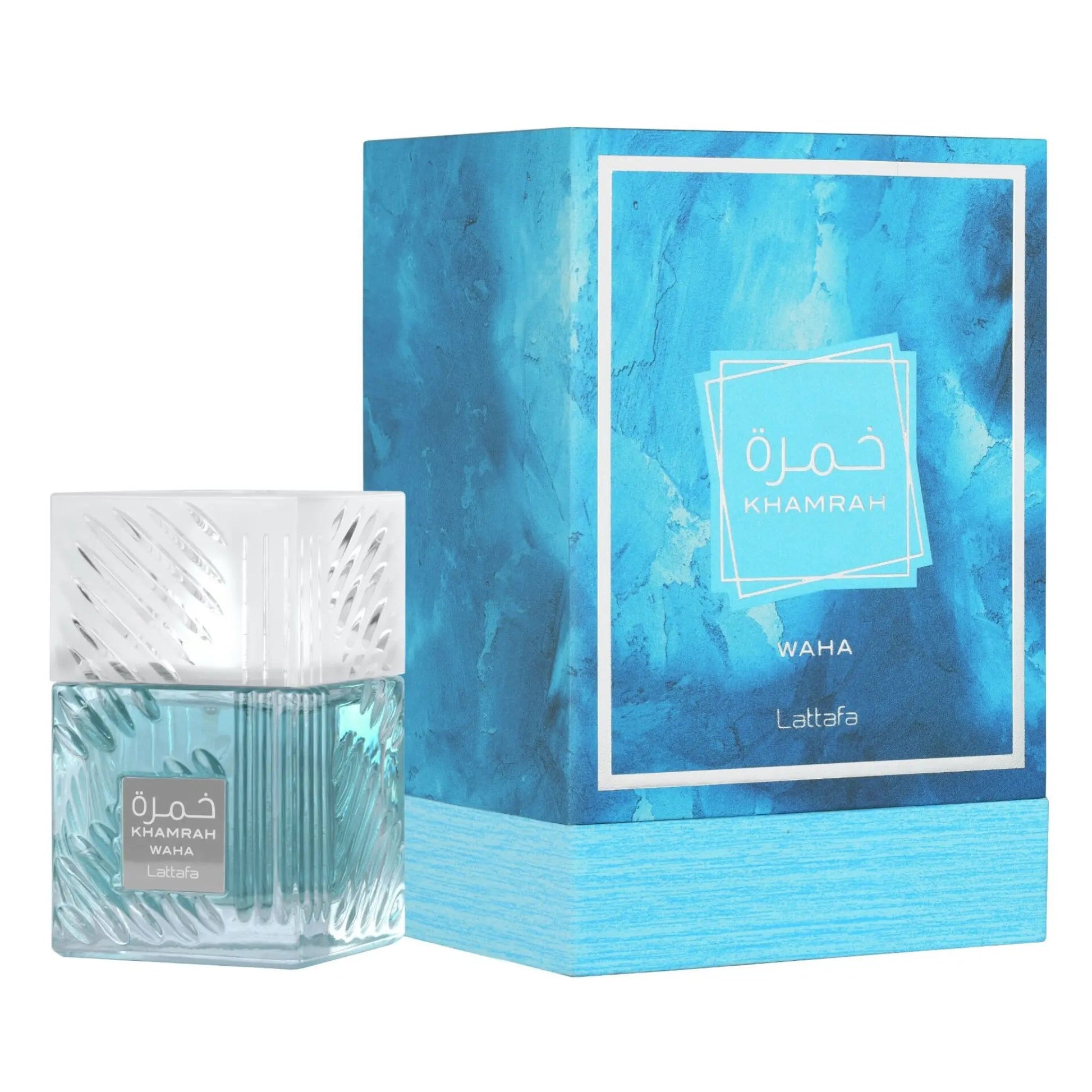 Khamrah Waha Perfume 100ml EDP by Lattafa turquoise bottle