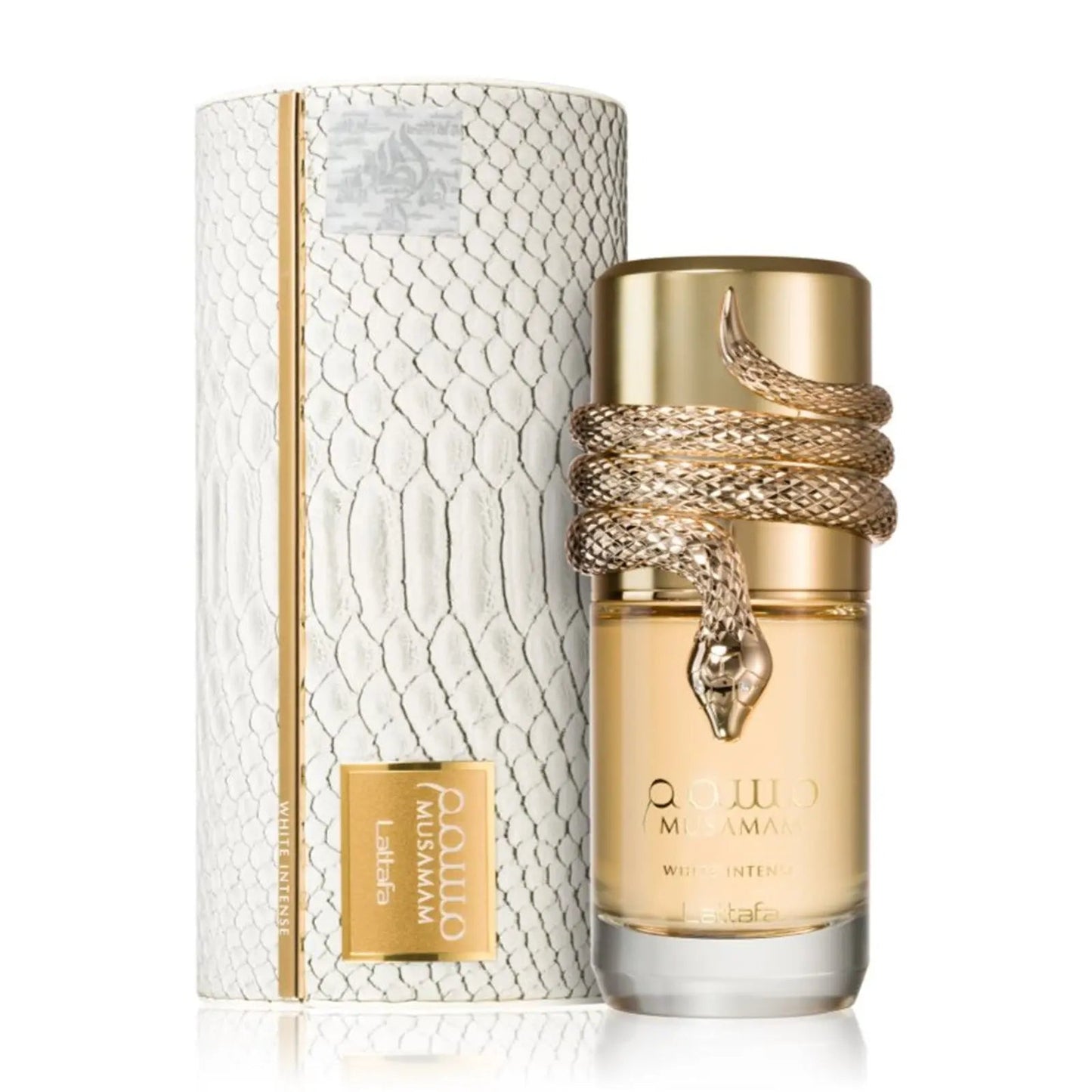 Musamam White Intense Perfume 100ml EDP by Lattafa white and gold bottle