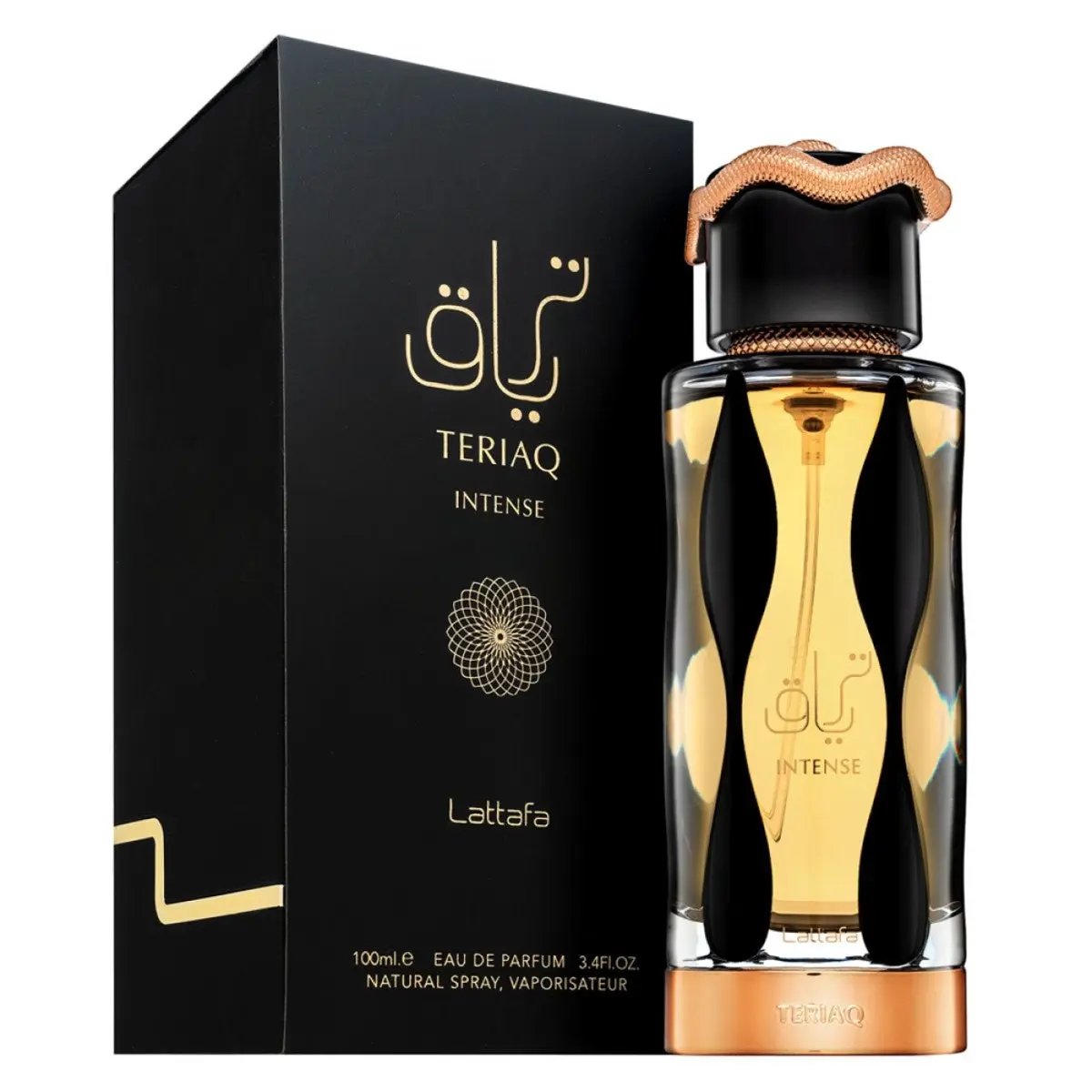 Teriaq Intense Perfume 100ml EDP Lattafa black and gold snake bottle