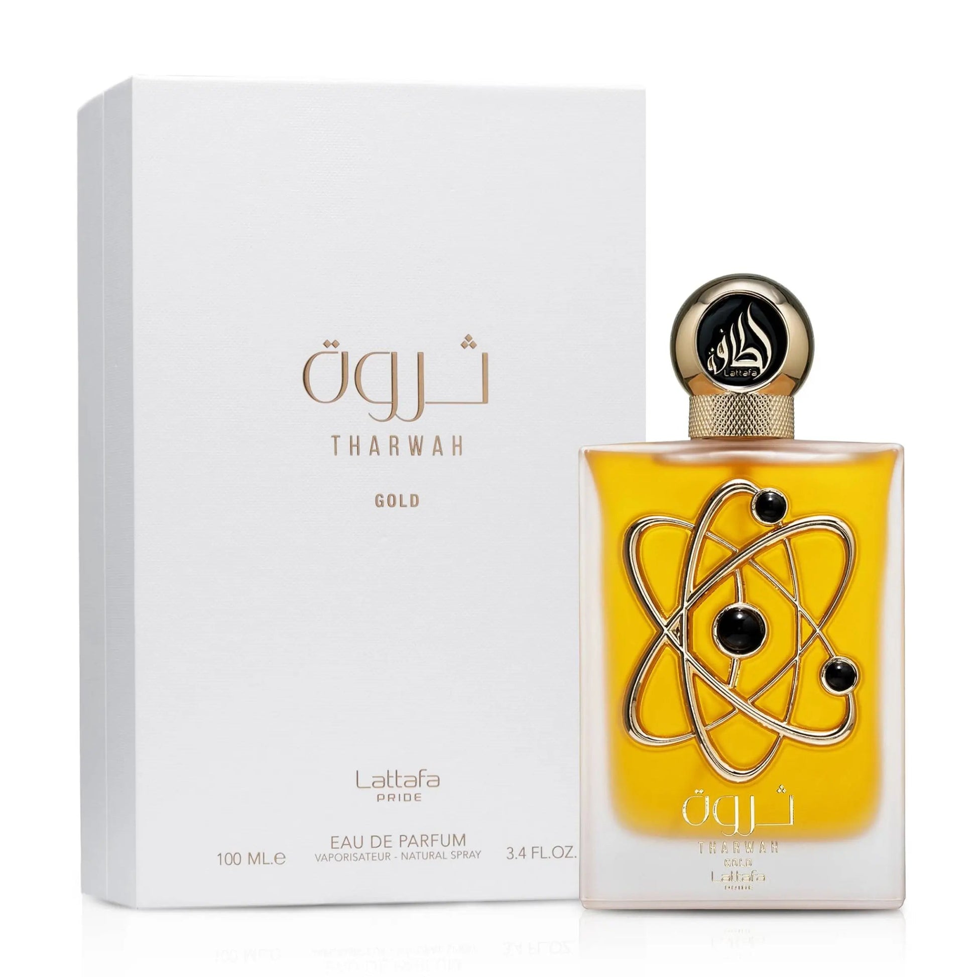 Tharwah Gold Perfume 100ml EDP by Lattafa Pride golden bottle