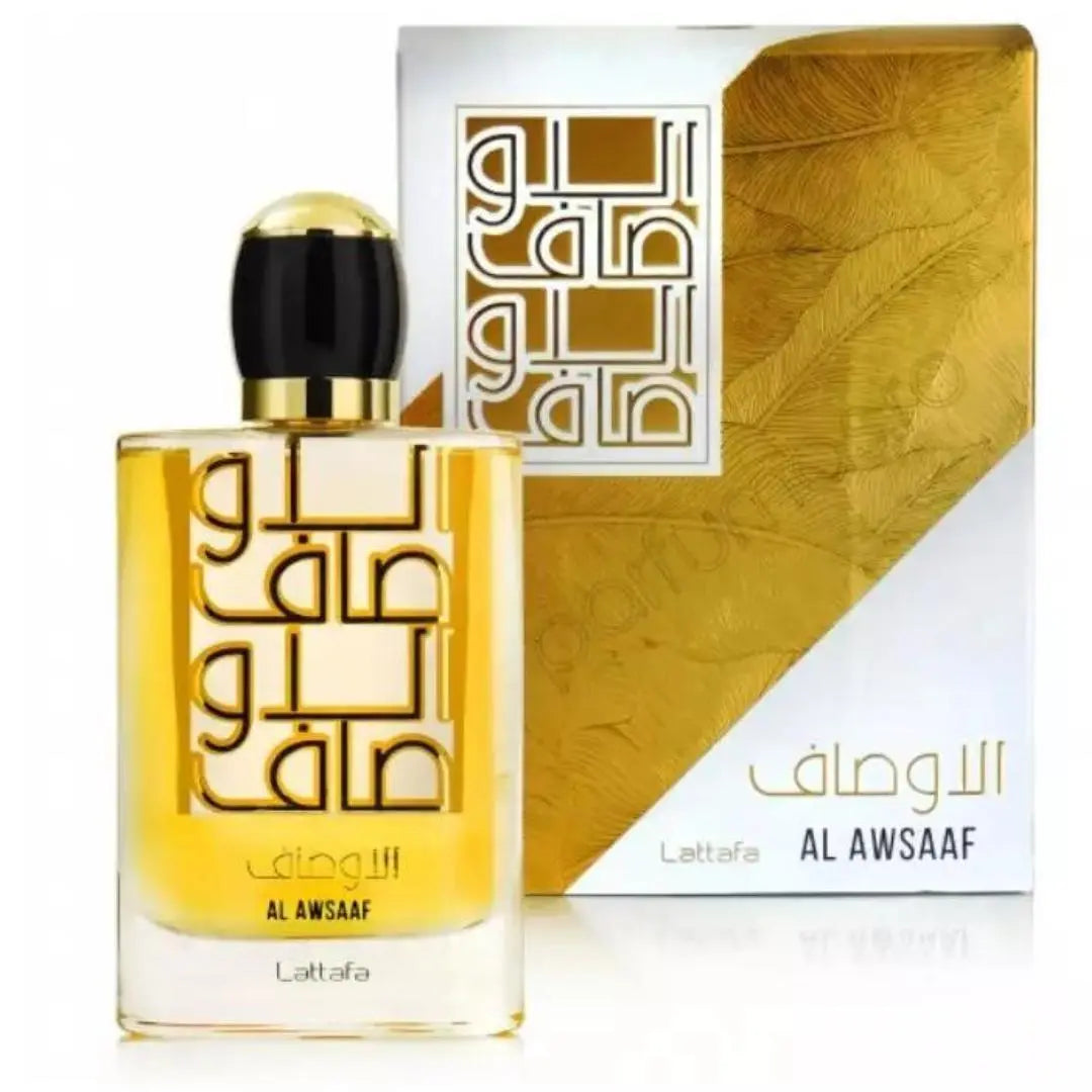 Al Awsaaf Perfume 100ml EDP by Lattafa, spicy resinous oud unisex fragrance bottle